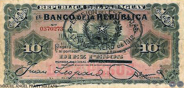 DIEZ PESOS MONEDA NACIONAL - RESELLADO A.A.24 - FIRMA: JUAN LEOPARDI - AGUSTÍN CARRÓN